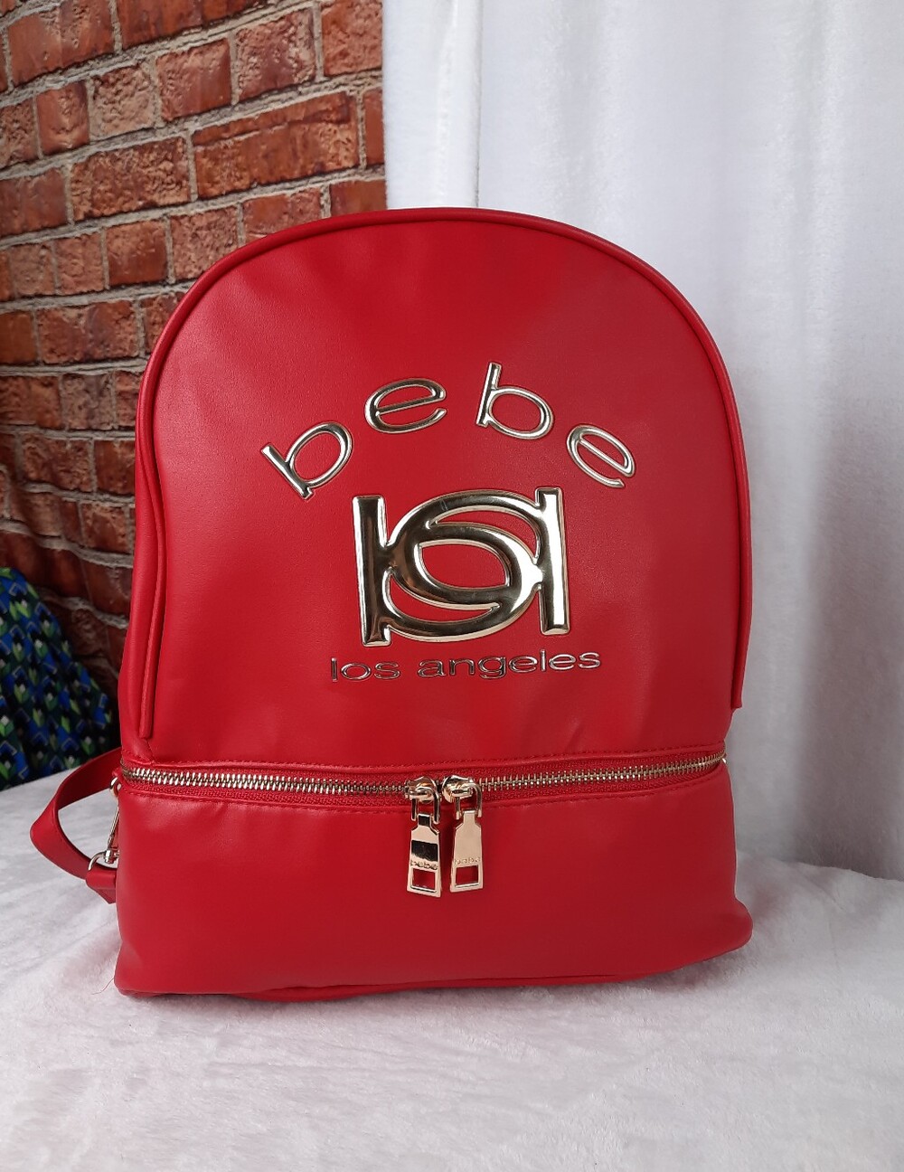 bebe Red Faux Leather Logo Backpack with Gold Accents